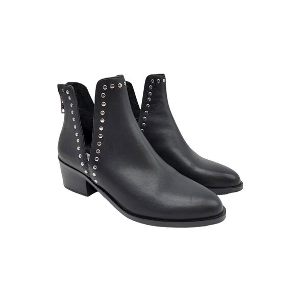 Steve Madden Zip Back Block Heel Ankle Boots Size 6.5 Black Leather Studded - Picture 1 of 7